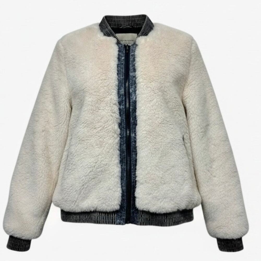 Gilli Ivory Faux Fur Denim Trim Bomber Jacket Size S
